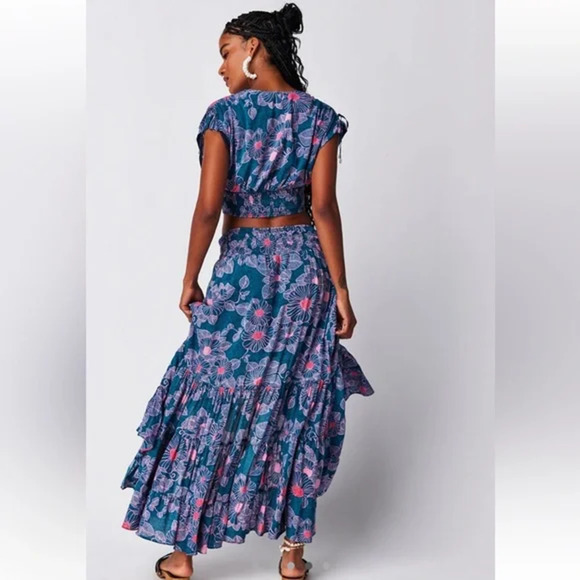 Free People Morning Sun 2-Piece Set Small Teal and Pink Flowers NEW - Picture 2 of 15